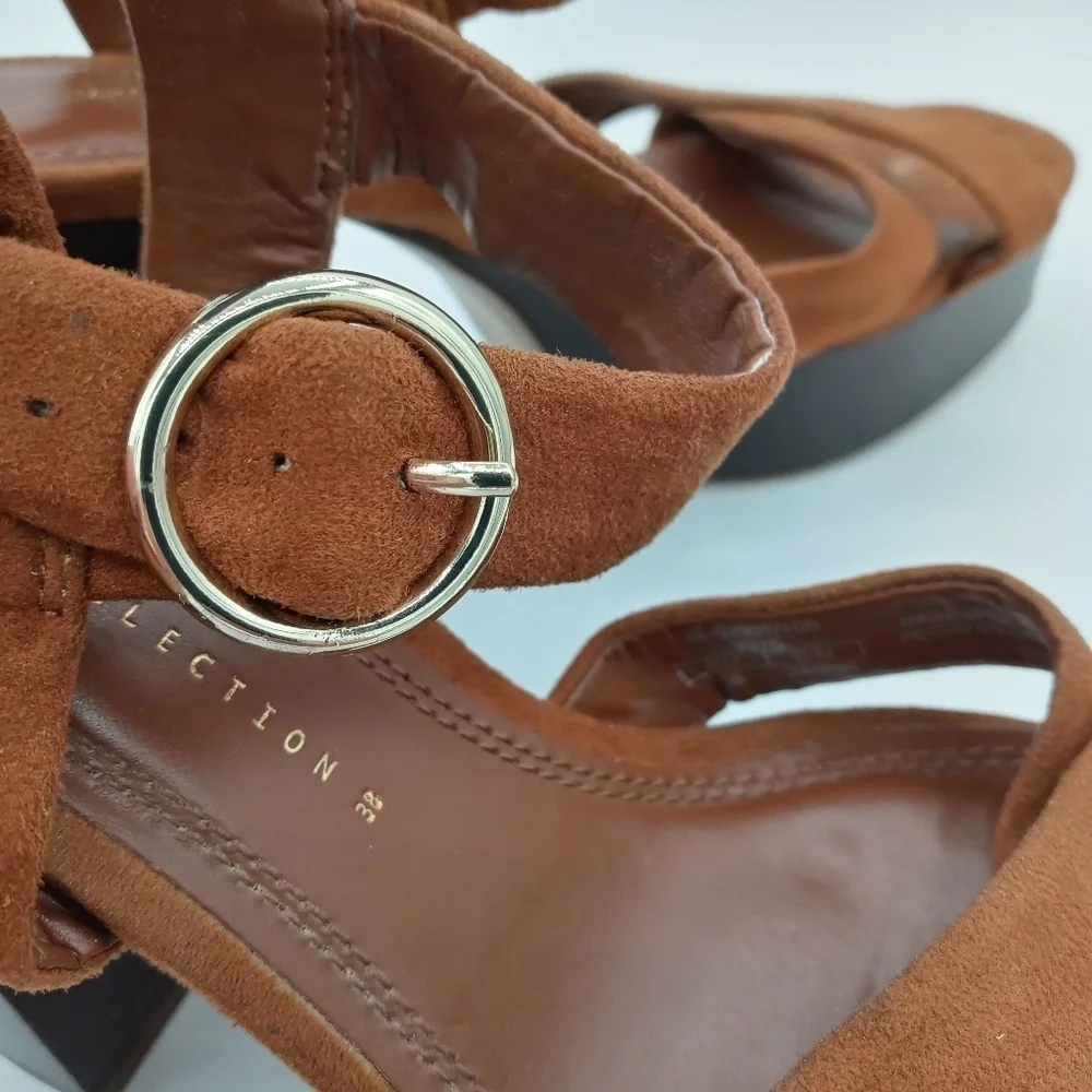 Zara Basic Collection Strappy Wood Platform Heels w/ Ankle Buckle Strap